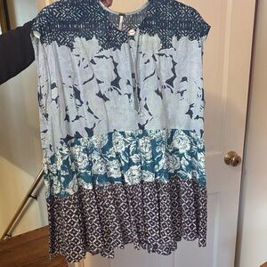 Free People Blue Multi-Print Short Sleeve Tiered Top